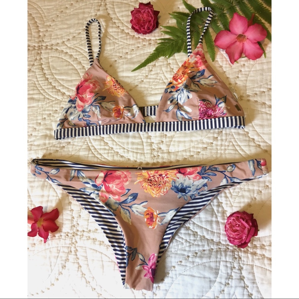 Reversible floral/striped rip curl bikini set